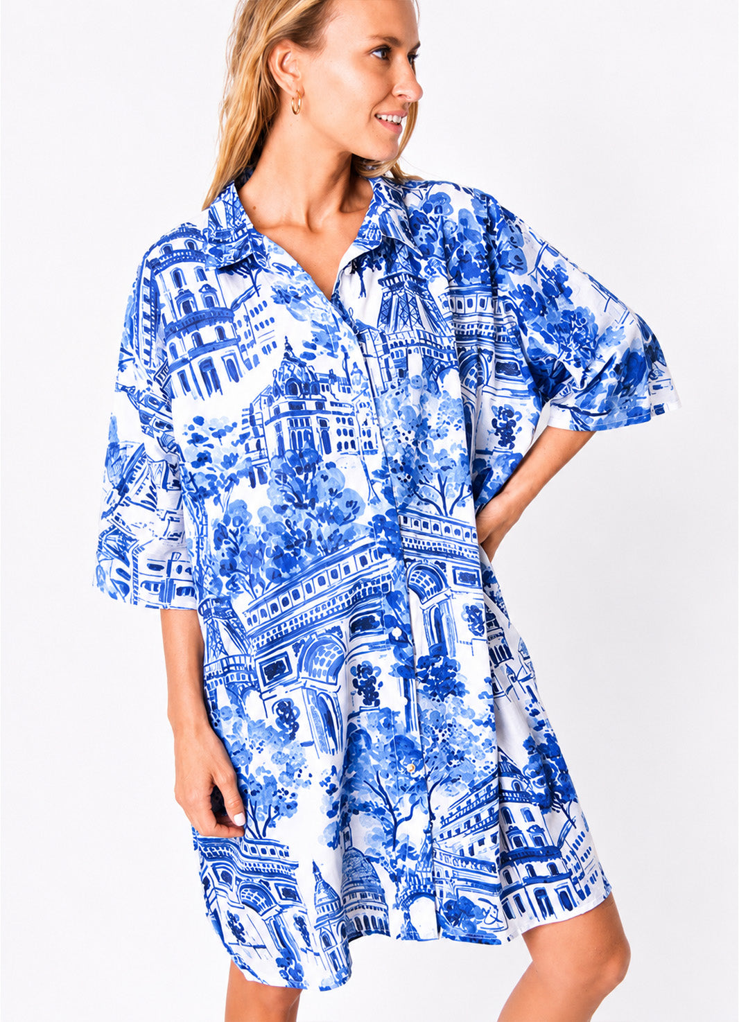 Chemise Coton Oversize Imprimee : 0502 Bleu Clair