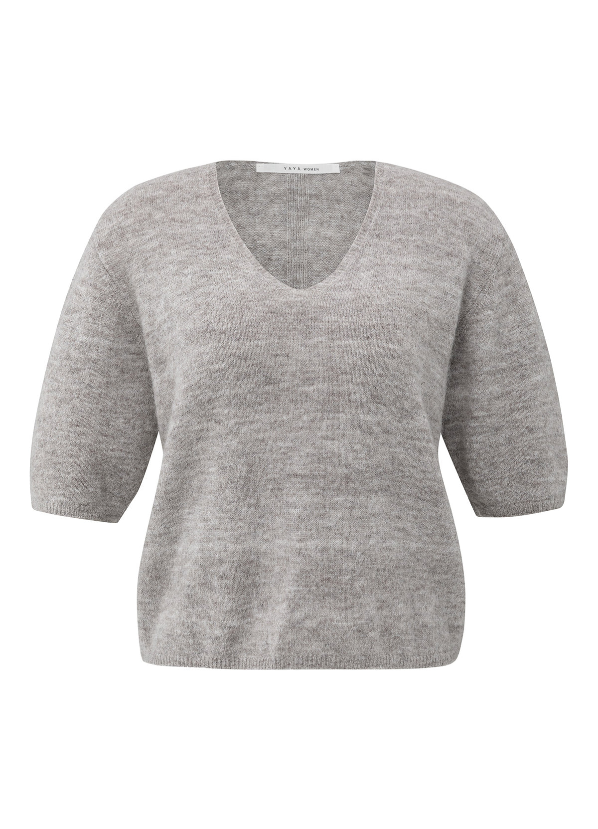V-Neck Short Sleeve Sweater In Melange Yarn : Taupe Grey Melange 615092