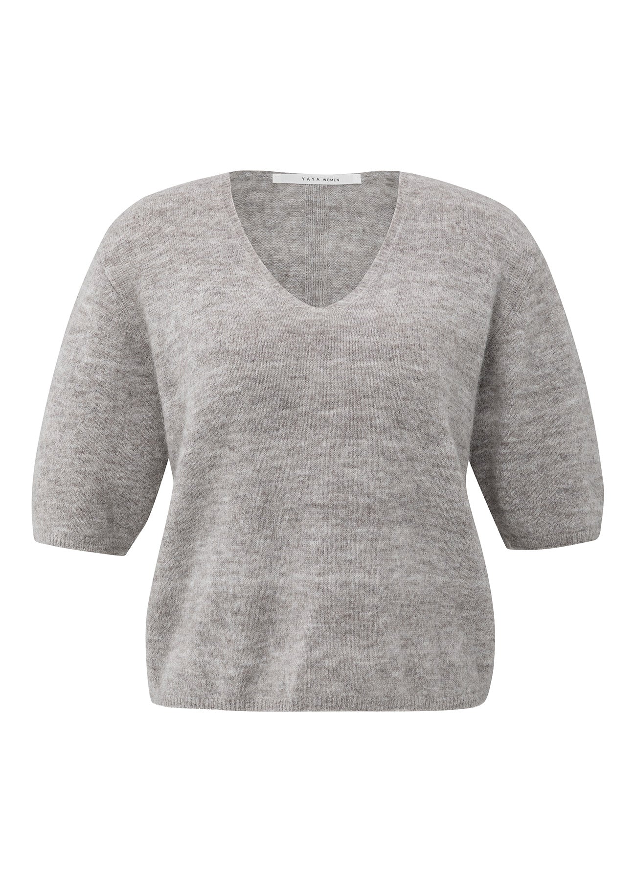 V-Neck Short Sleeve Sweater In Melange Yarn : Taupe Grey Melange 615092