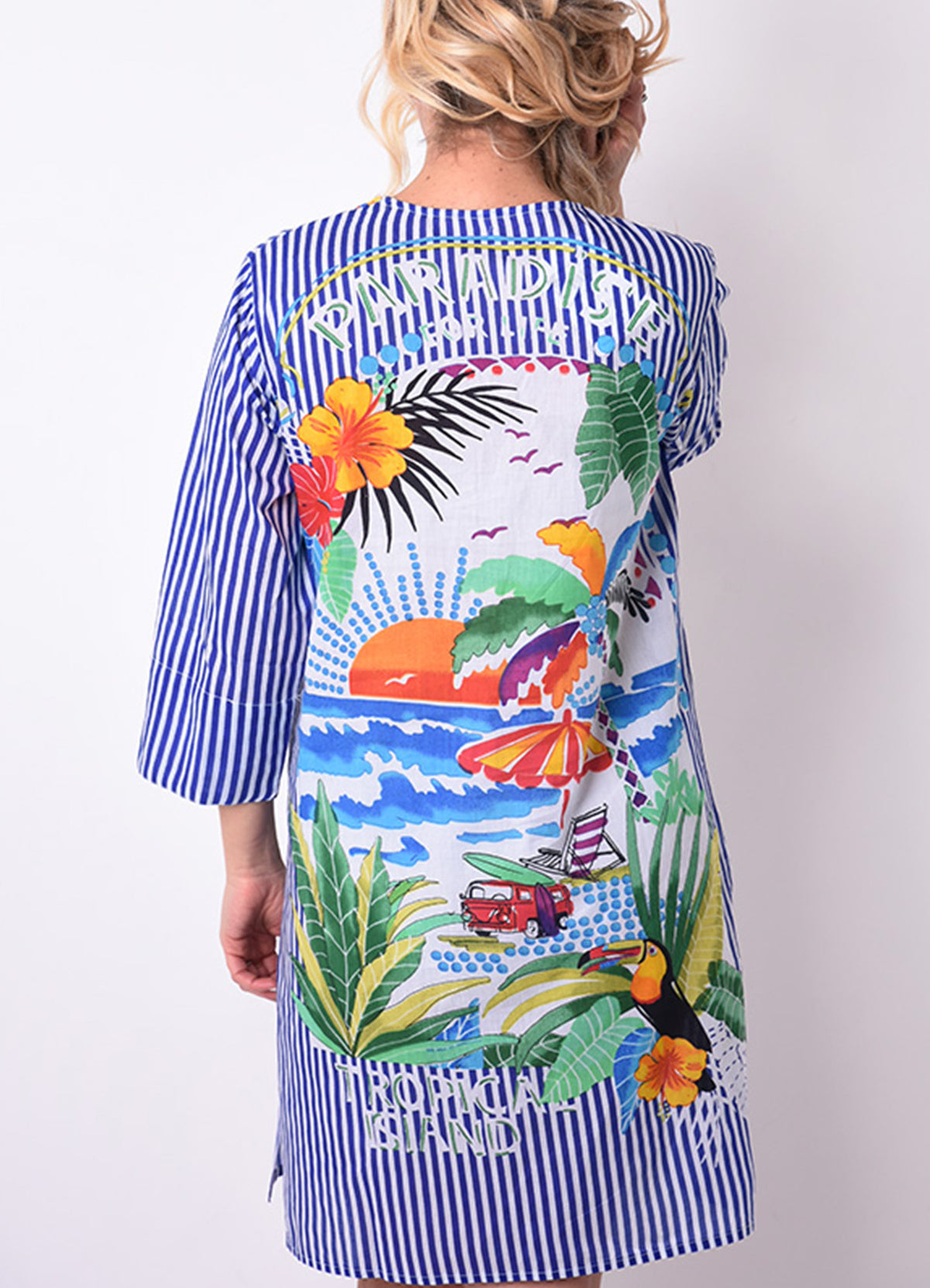 Tunique Col V Brode + Lien Coton : 0553 Bleu Fonce