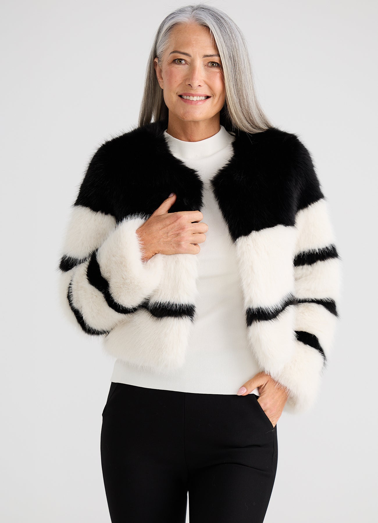 Debby Fur Jacket : Monochrome Stripe