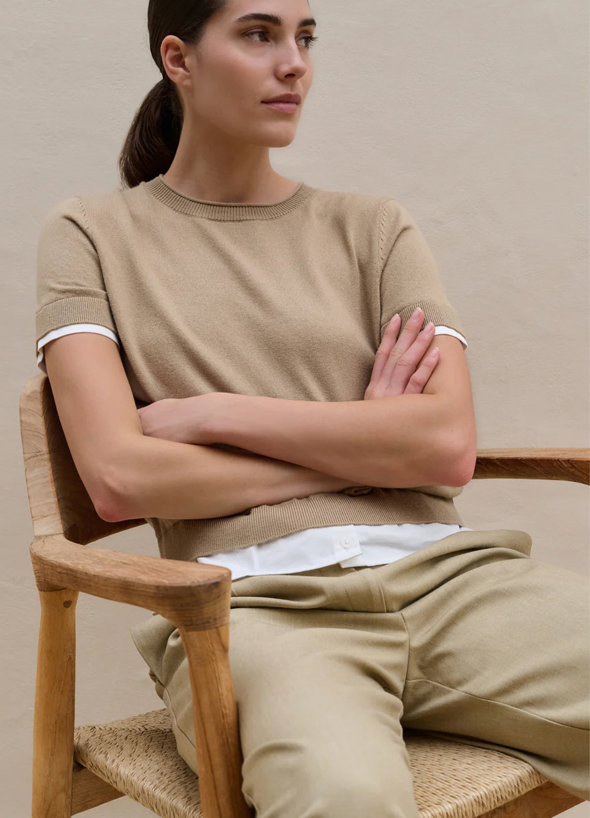 Short Sleeve Knitted Top With : Khaki Green 99045
