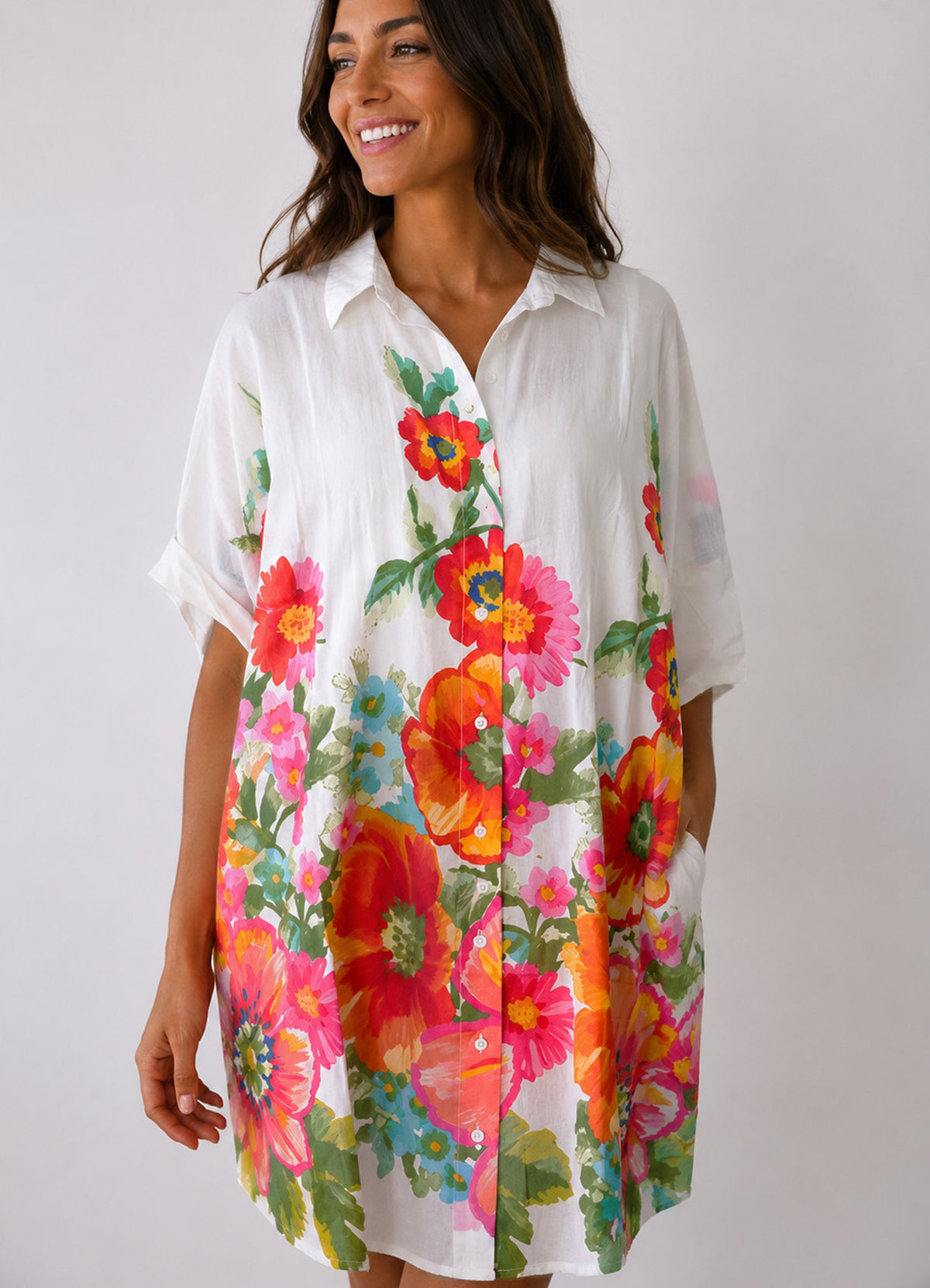 Chemise Coton Oversize Imprimee : 0101 Blanc