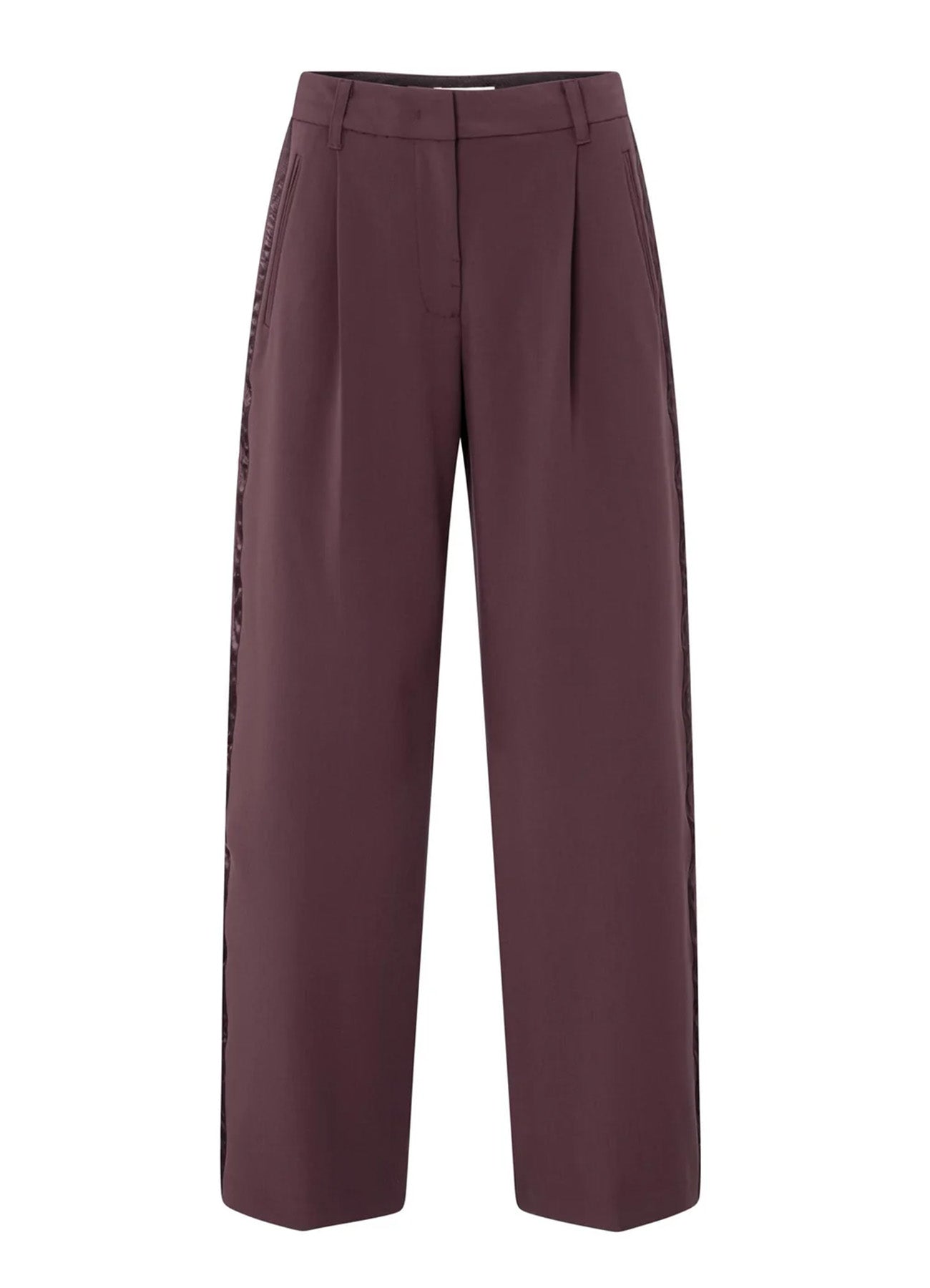 Woven Wide Leg Trousers With Satin Tape At Sides : Fudge Purple 00001