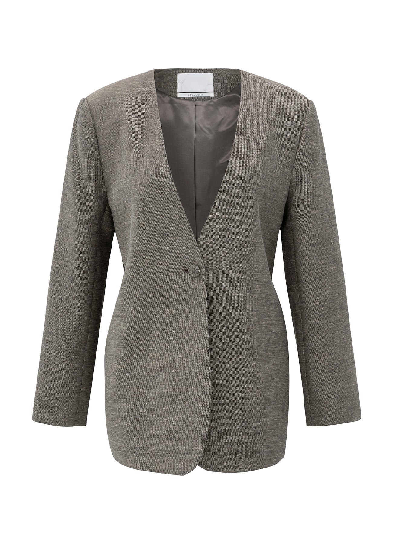 Woven Collarless Blazer With Belt : Dark Taupe Grey Melange 91619