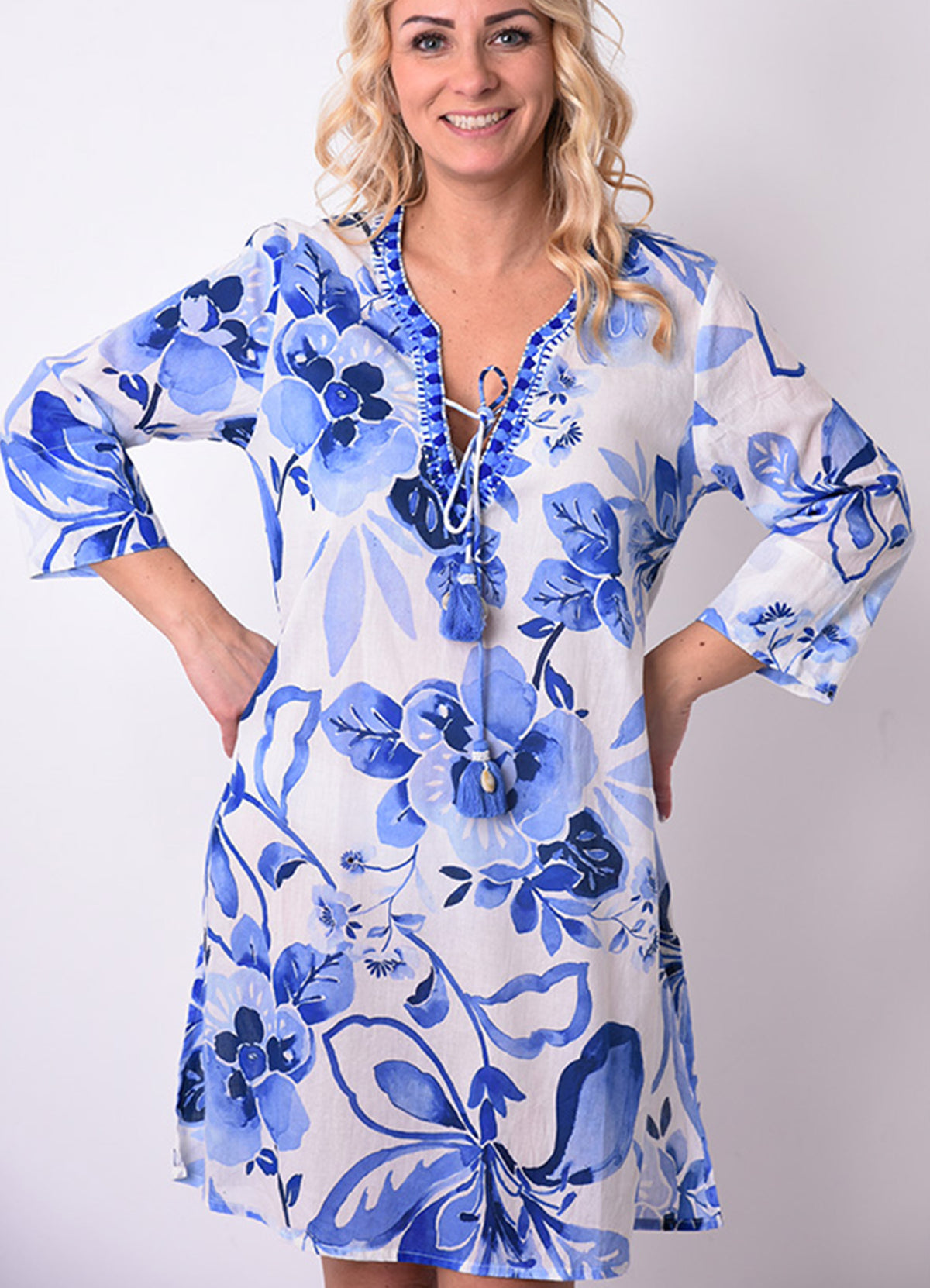 Tunique Col V Brode + Lien Coton : 0503 Bleu Clair