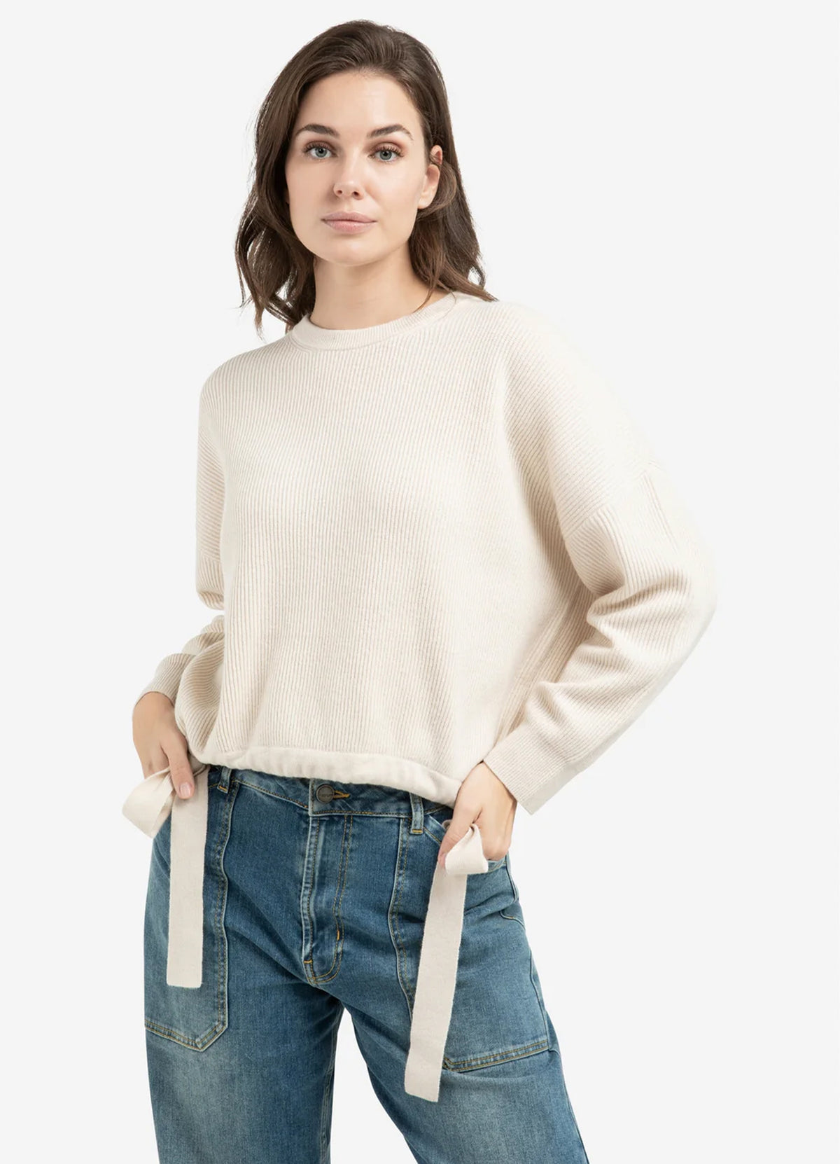 Knitted Sweater With Cords At : Kit Beige Melange 990442
