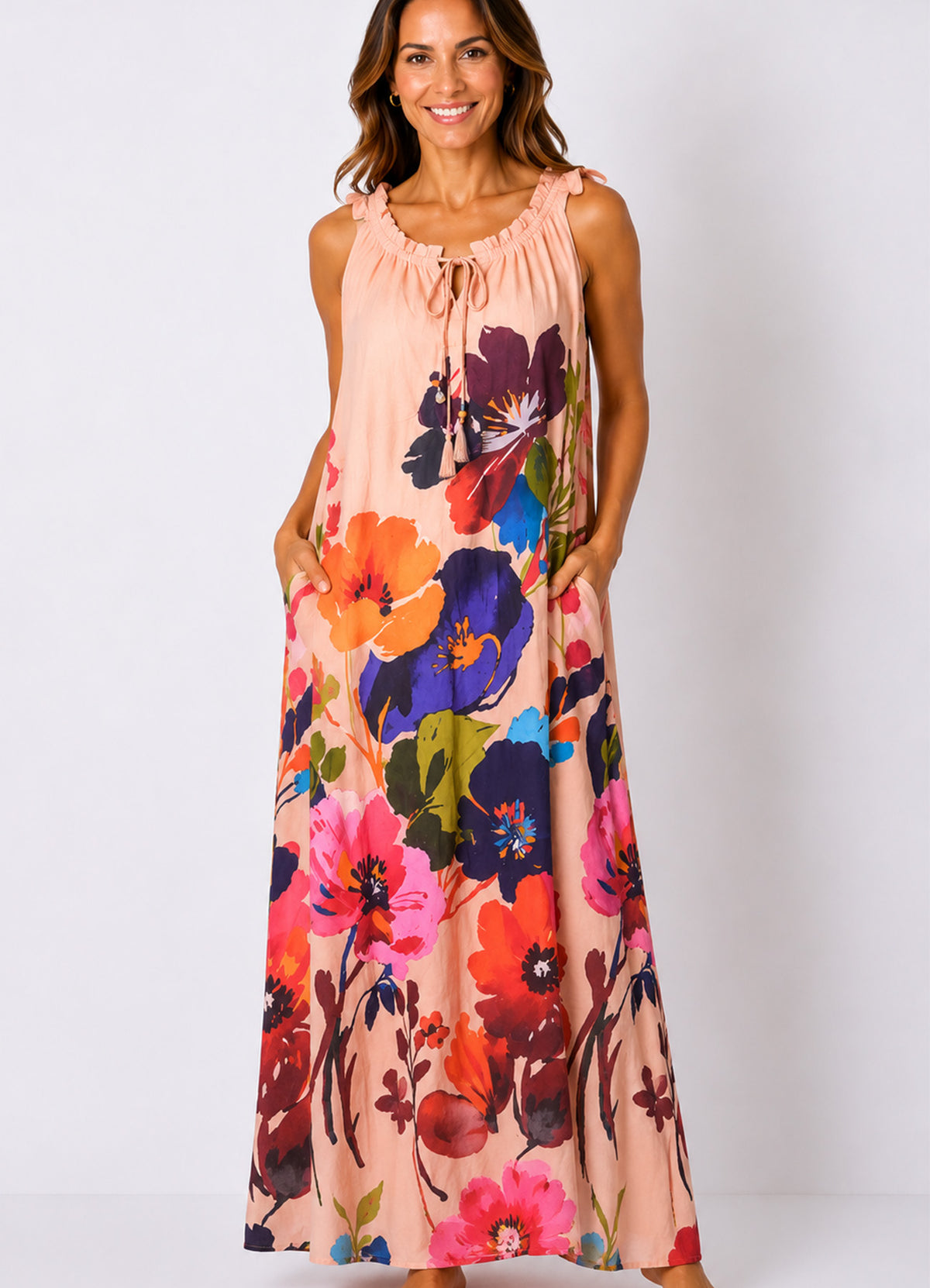 Robe Longue Col Plisse Ss Manches : 1351 Multi Fonce