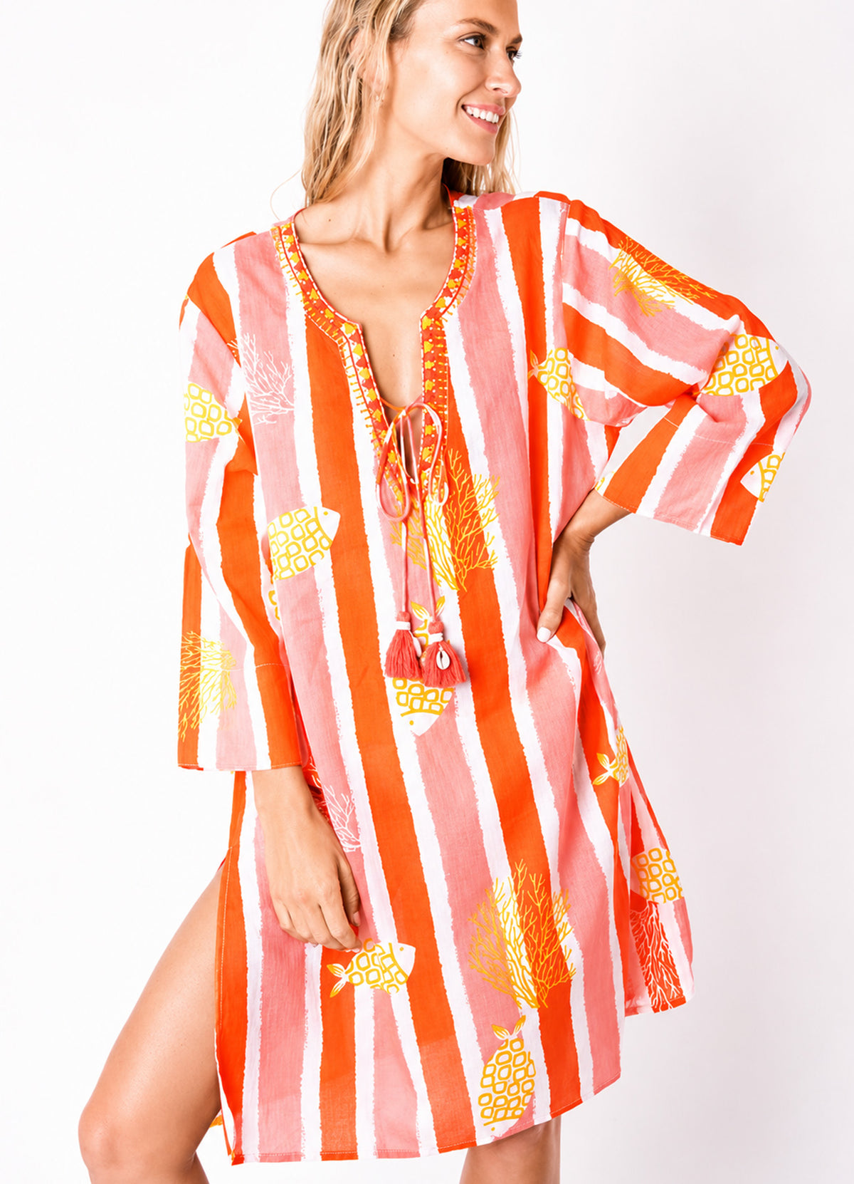 Tunique Col V Brode + Lien Coton : 0601 Rouge Clair