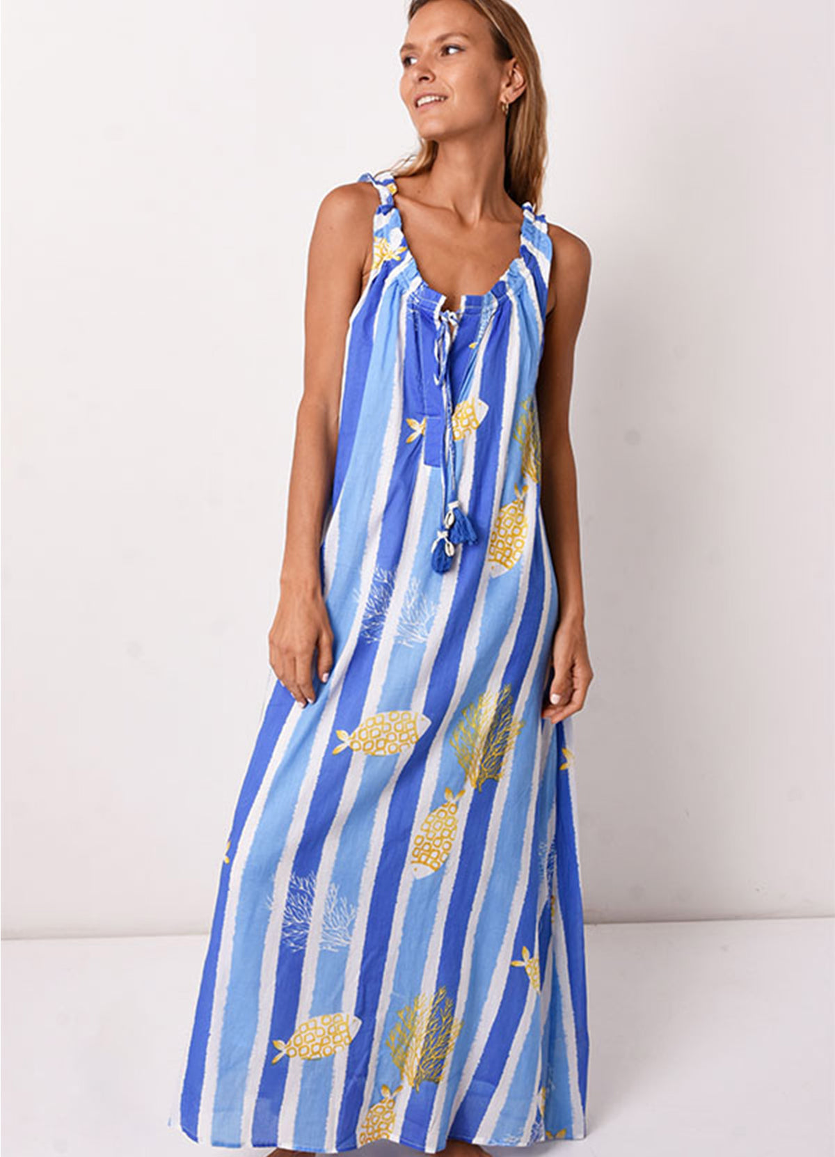 Robe Longue Col Plisse Ss Manches : 0504 Bleu Clair