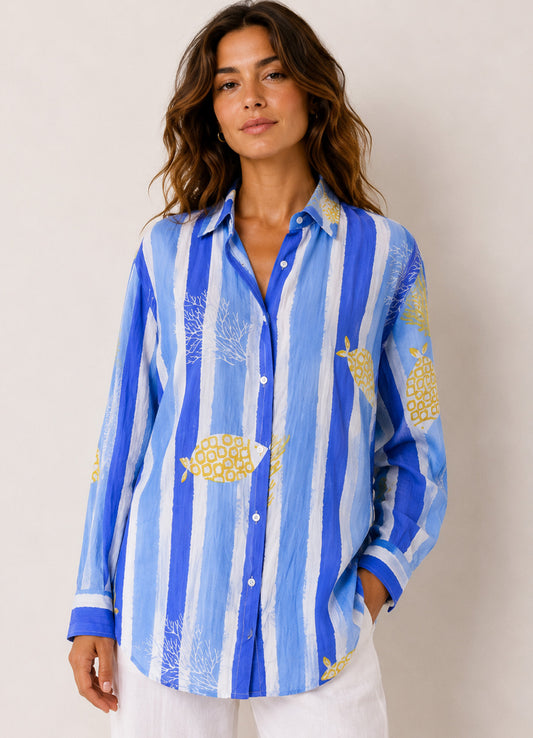 Chemise Coton Imprimee Col Boutonne : 0504 Bleu Clair