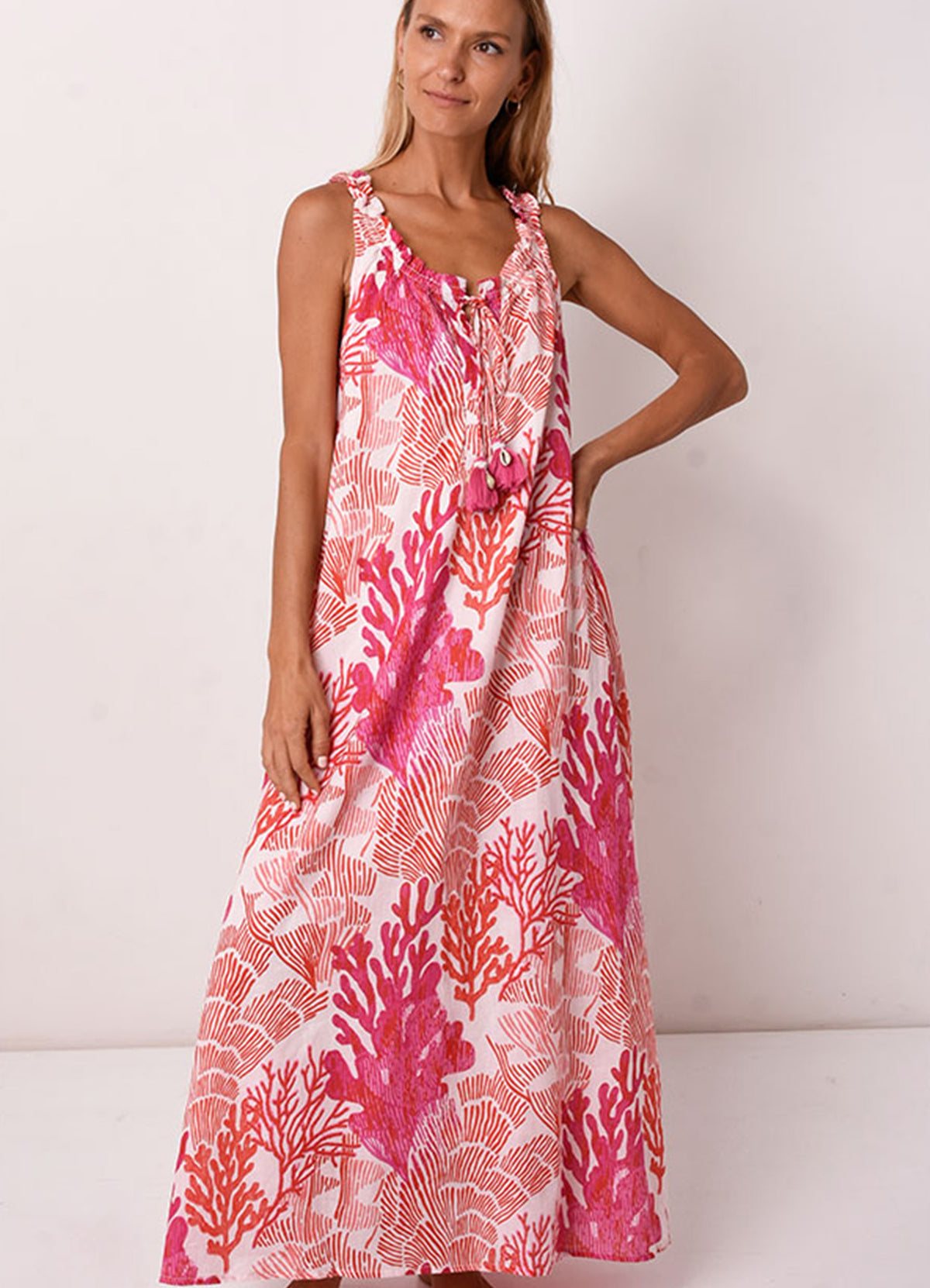 Robe Longue Col Plisse Ss Manches : 0450 Rose Fonce
