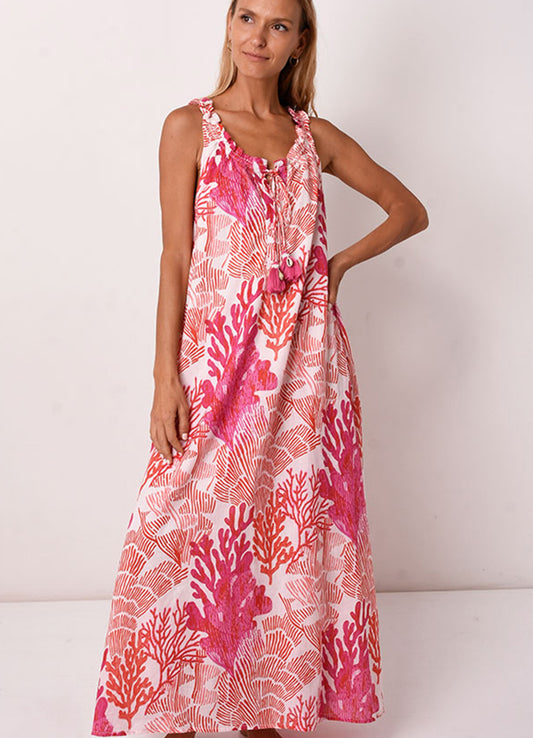 Robe Longue Col Plisse Ss Manches : 0450 Rose Fonce