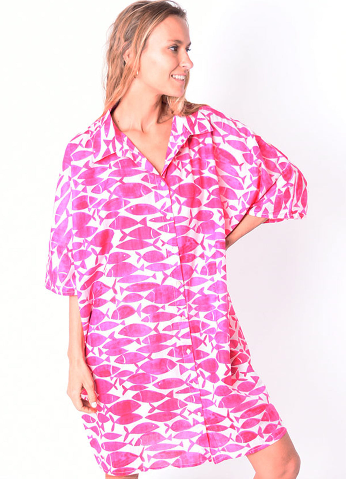Chemise Coton Oversize Imprimee : 0453 Rose Fonce