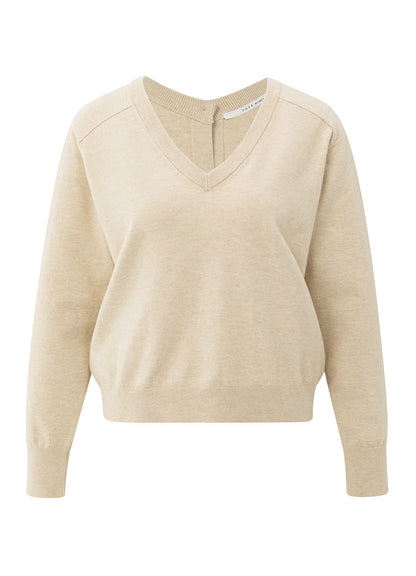 Double V-Neck Sweater With But : Yellow Sand Beige Melange 99009
