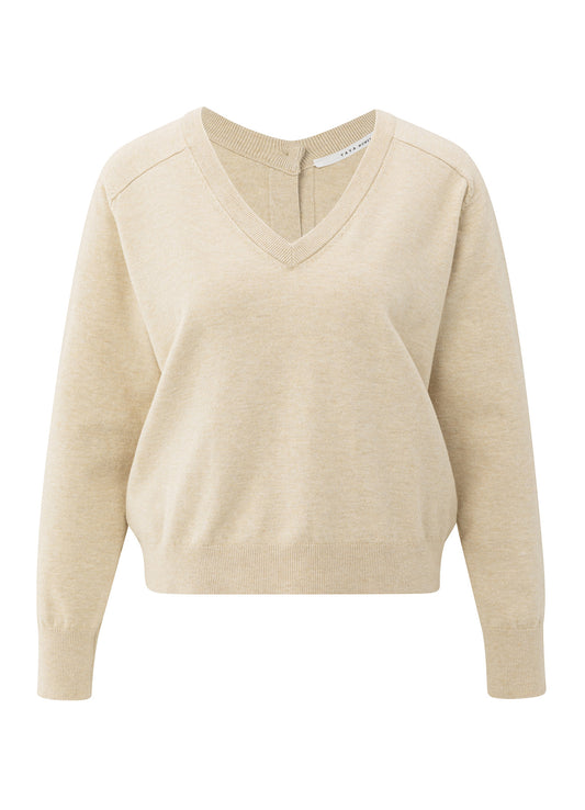 Double V-Neck Sweater With But : Yellow Sand Beige Melange 99009