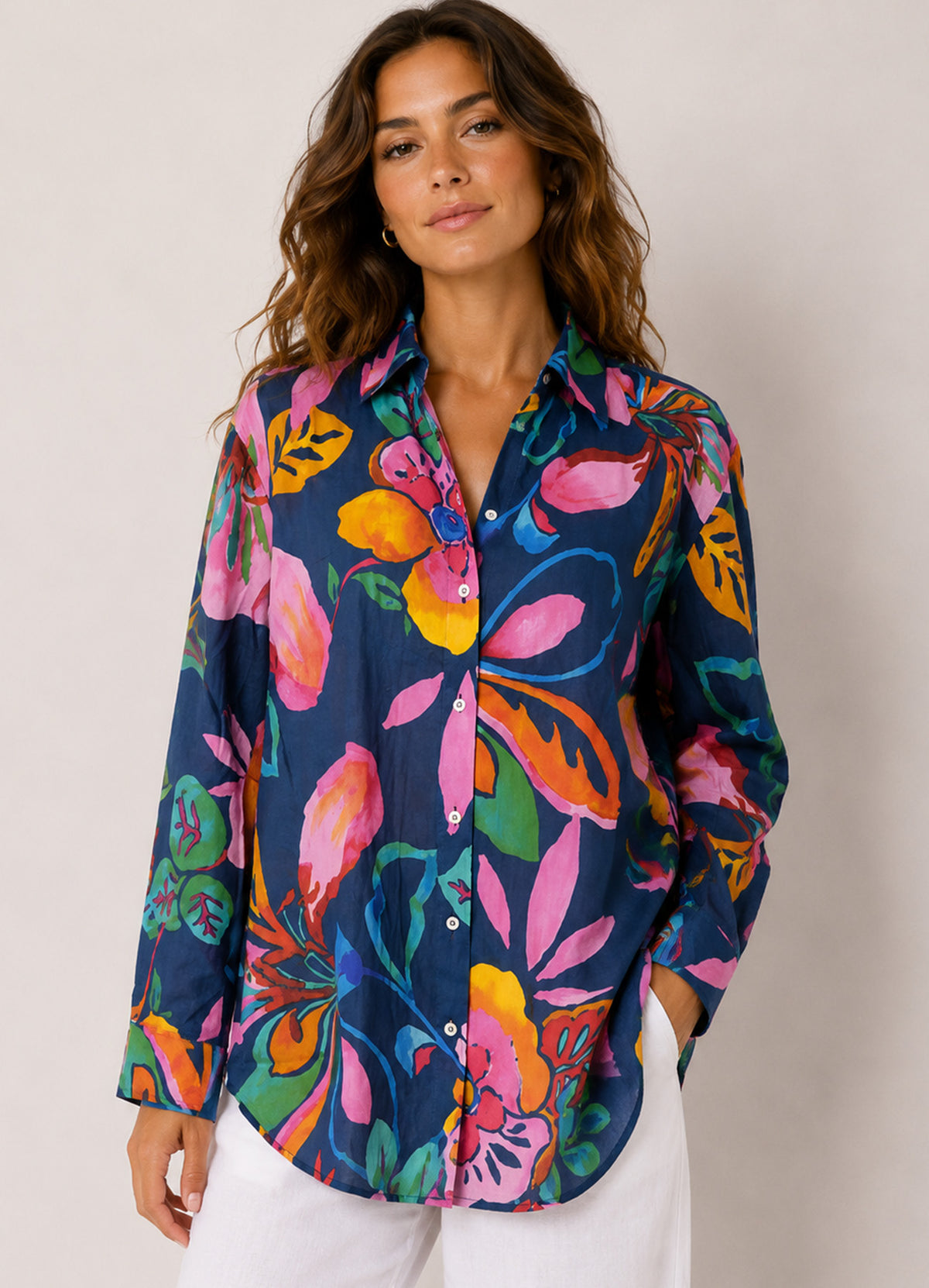 Chemise Coton Imprimee Col Boutonne : 0551 Bleu Fonce