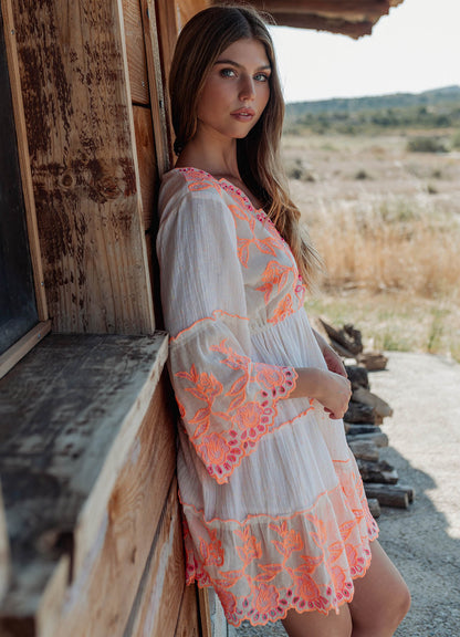 Fluor Embroidered Short Dress : White And Orange Neon