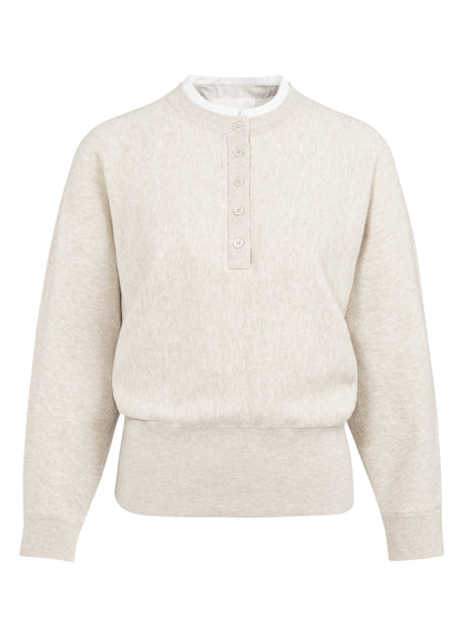 Batwing Sweater With Woven Details : Heather Grey Melange 990402