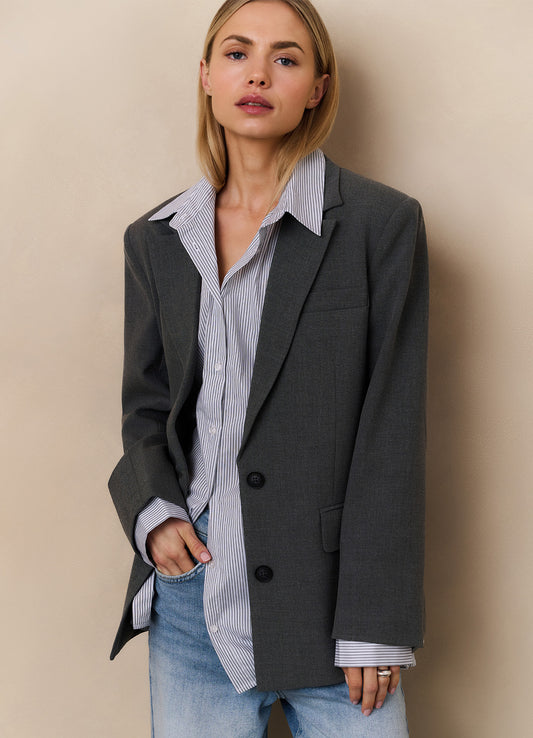 Woven Loose Fit Blazer With Do : Black Oyster Melange 99004