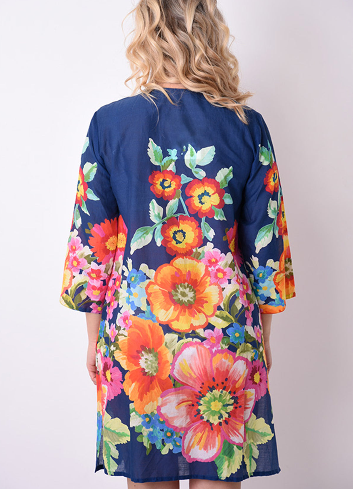 Tunique Col V Brode + Lien Coton : 0552 Bleu Fonce