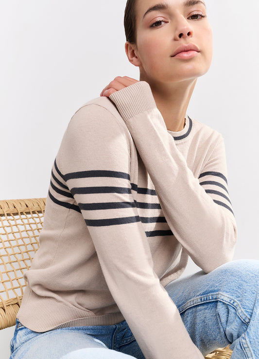 Fine Knitted Stripe Sweater Ls : Humus Beige Dessin 513041