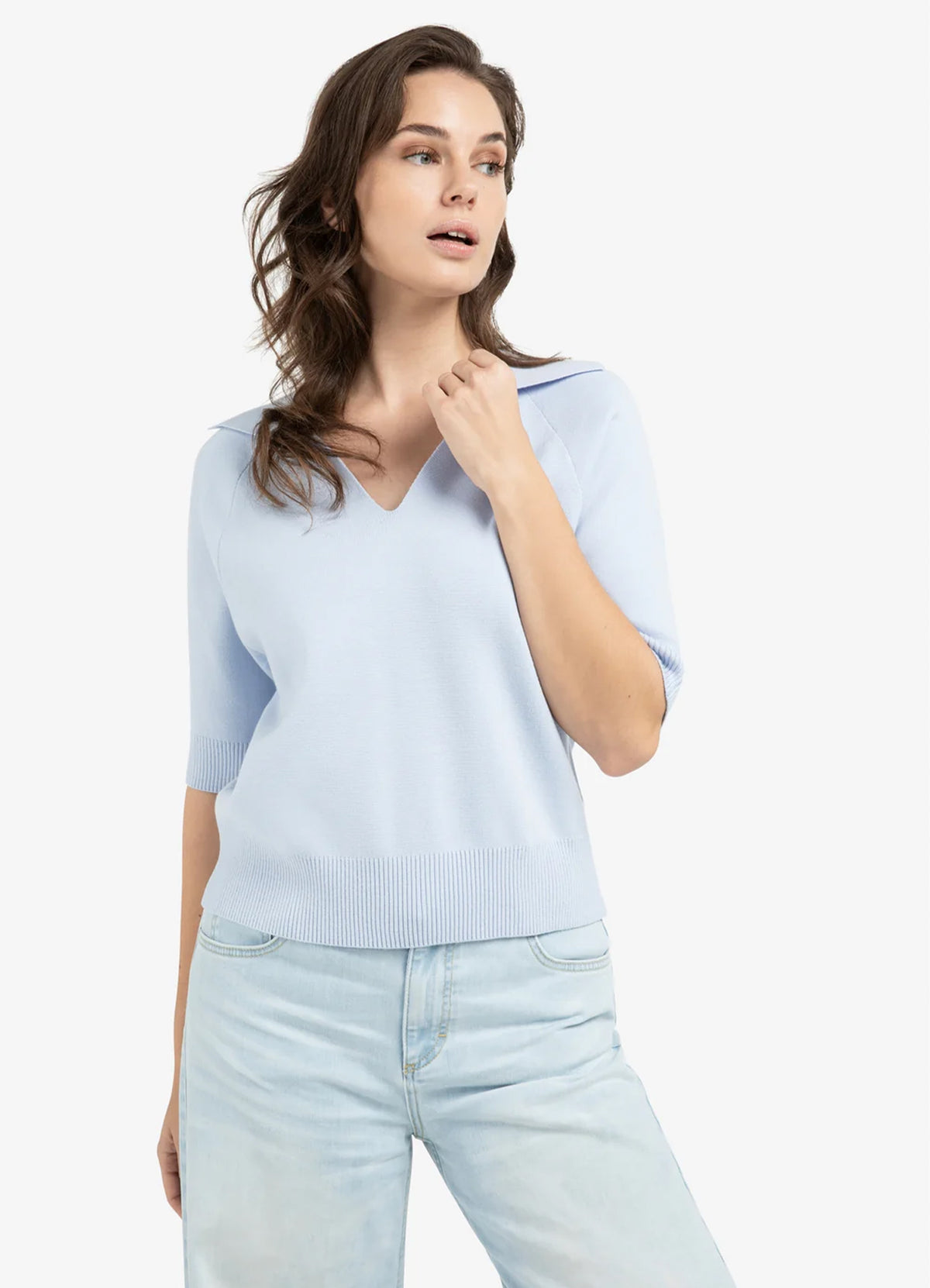 Short Sleeve Sweater With Coll : Ice Blue 99048