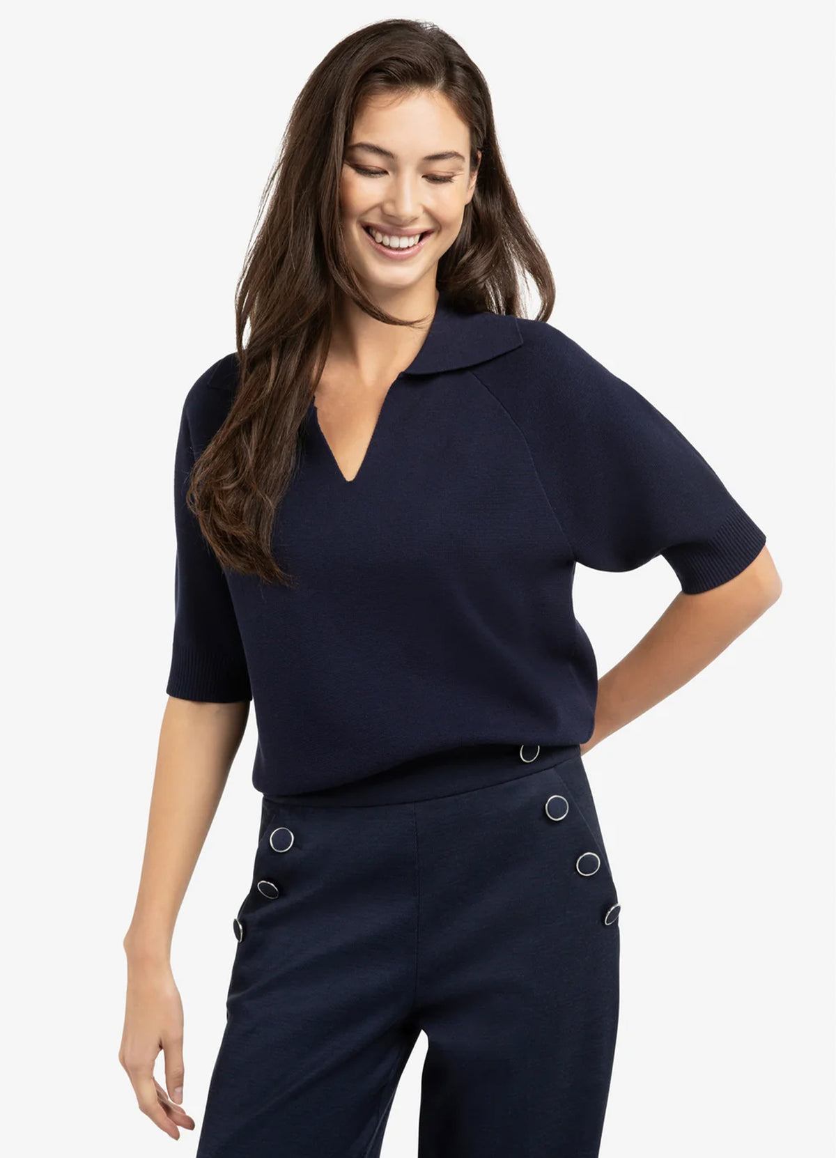 Short Sleeve Sweater With Coll : Navy Blazer Blue 93923