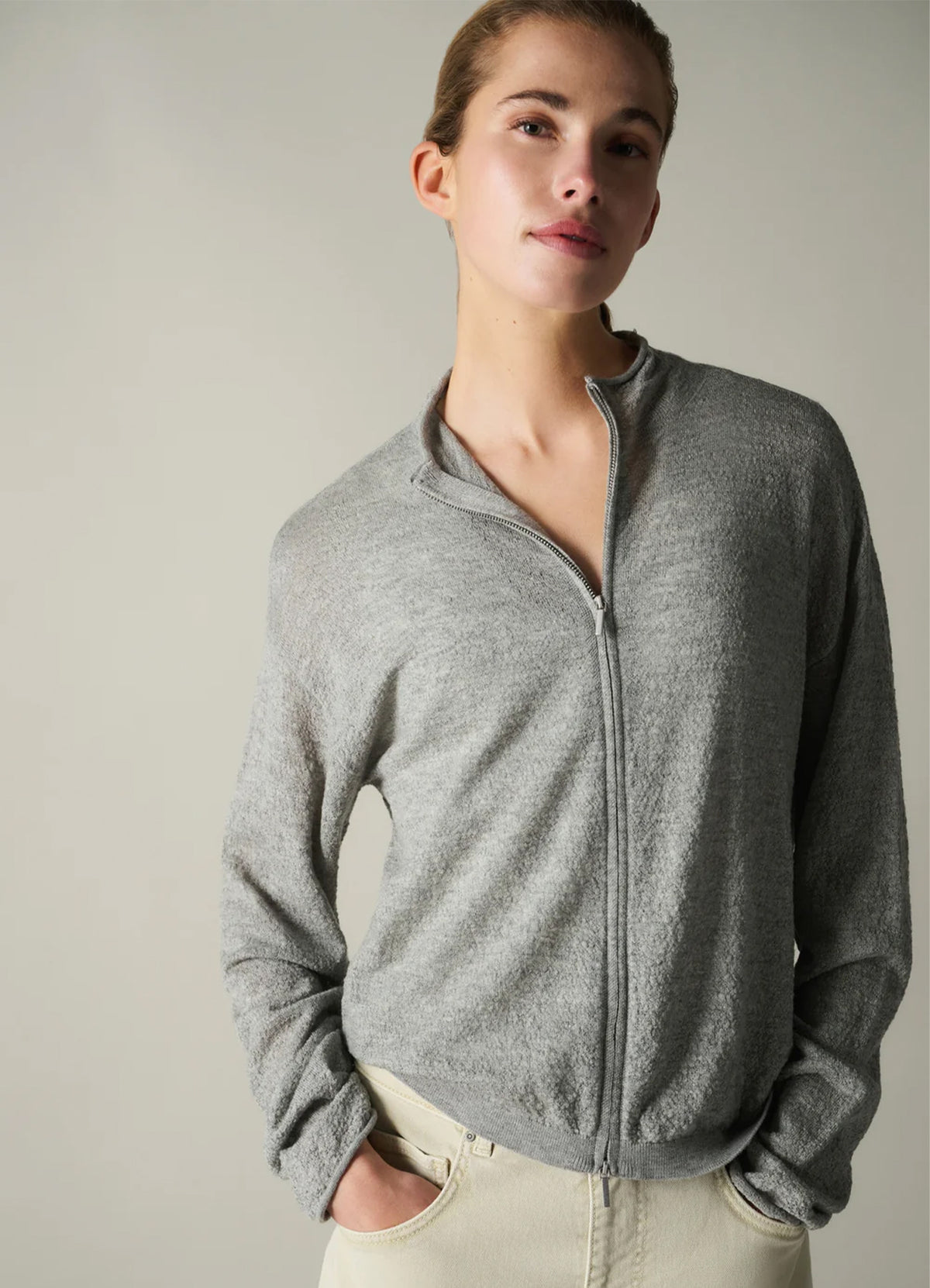 Textured Cardigan High Neck Wi : Iron Grey 99047