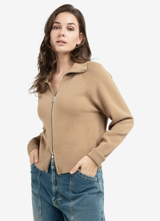 Long Sleeve Cardigan With Zipp : Khaki Green 99045