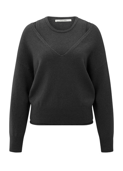 Deep V-Neck Sweater With Top : Oyster Black Melange 902052