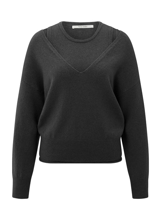 Deep V-Neck Sweater With Top : Oyster Black Melange 902052