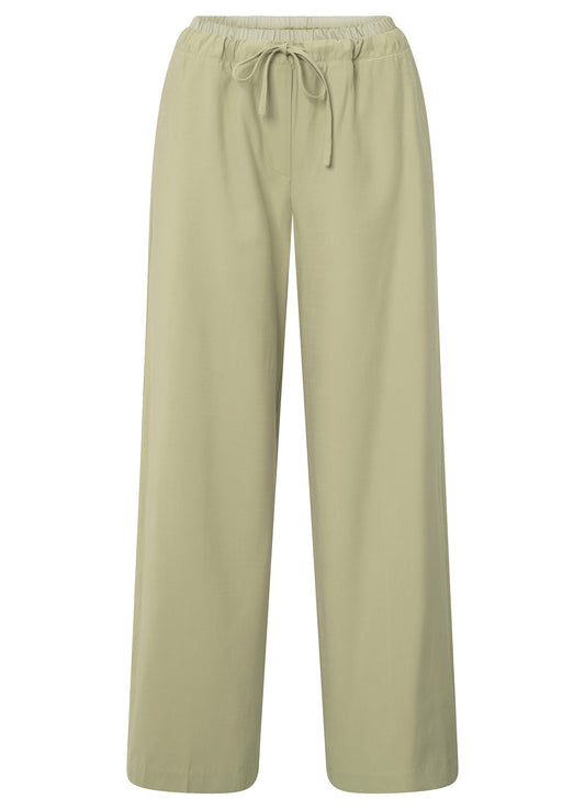 Woven Wide Leg Trousers With Elastic Satin Contrast Waitband : Soft Green 99980