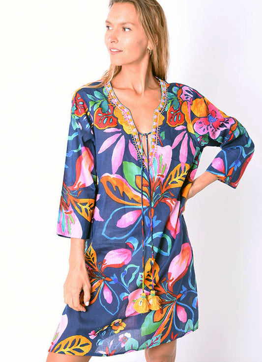 Tunique Col V Brode + Lien Coton : 0551 Bleu Fonce