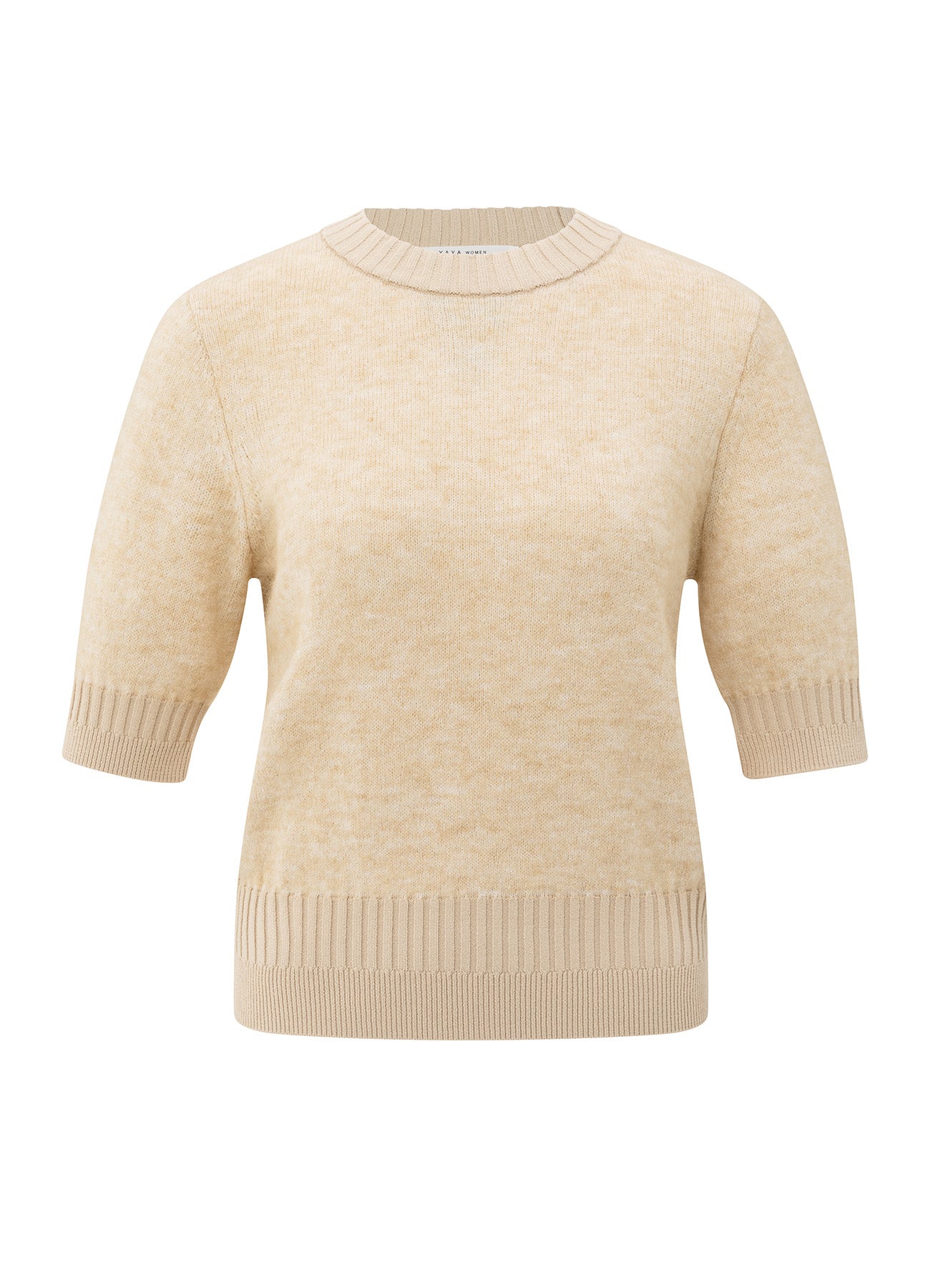 Short Sleeve Sweater With Rib : Yellow Sand Beige Melange 99009