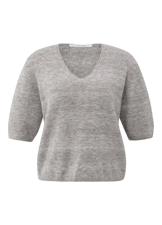 V-Neck Short Sleeve Sweater In Melange Yarn : Taupe Grey Melange 615092