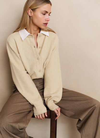 Cardigan With Detachable Woven : Yellow Sand Beige Melange 99009