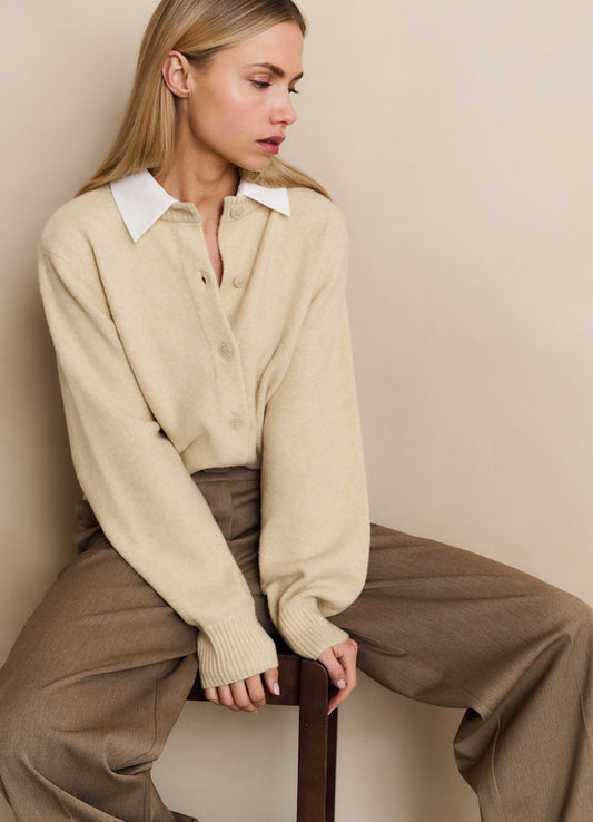 Cardigan With Detachable Woven : Yellow Sand Beige Melange 99009