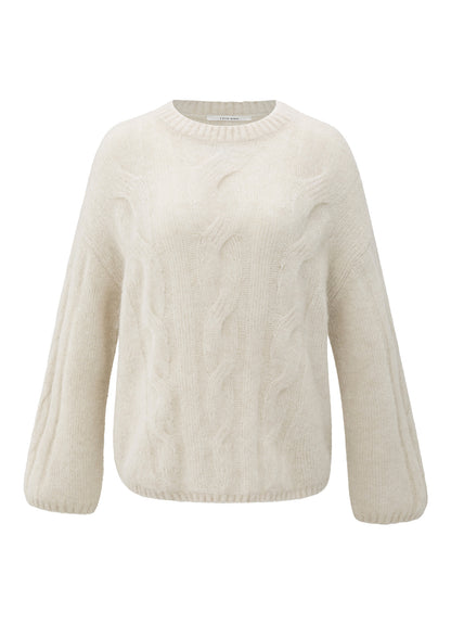 Cable Sweater Round Neck Ls : Wool White 24001