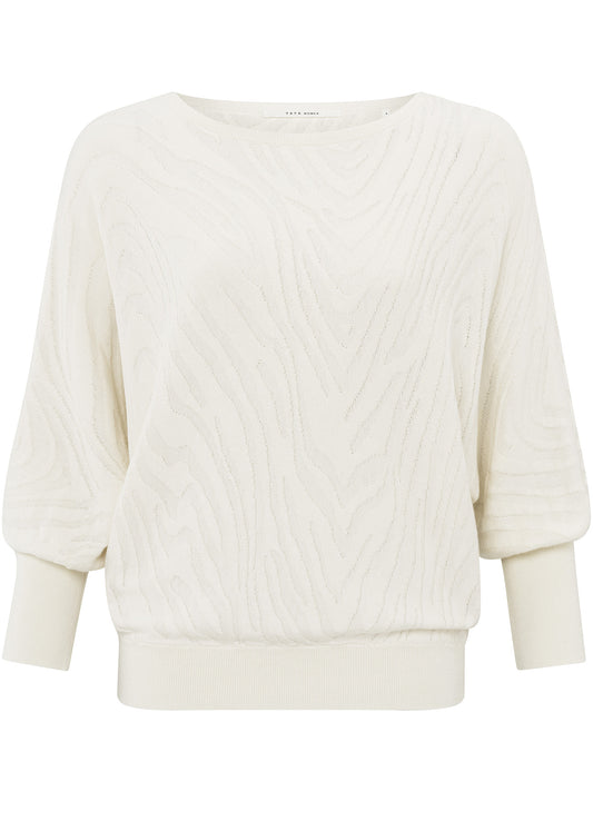 Boatneck Jaquard Sweater 3/4 Slv : Off White 99986