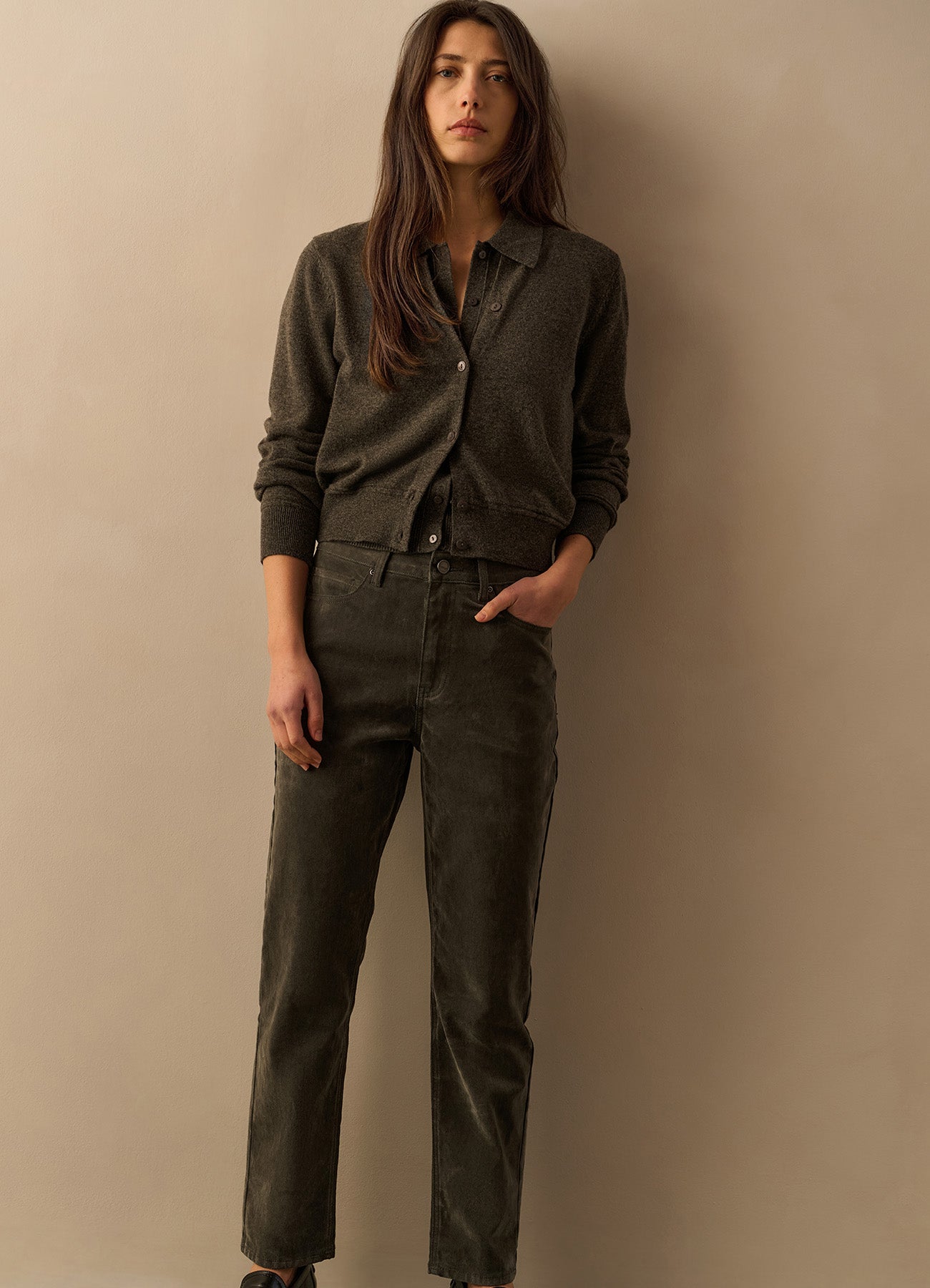 Cardigan With Long Sleeves : Dark Taupe Grey 80307