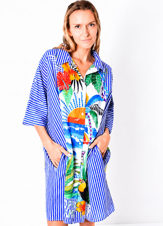 Chemise Coton Oversize Imprimee : 0553 Bleu Fonce