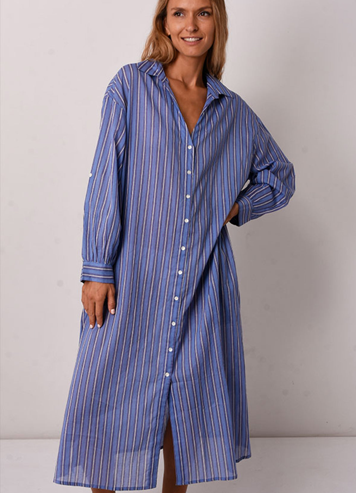 Longue Robe Chemisier Coton+Ceinture : 0552 Bleu Fonce