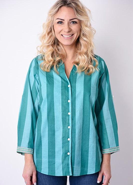 Chemise Coton Col V Block Print /Patch : 0852 Vert Fonce
