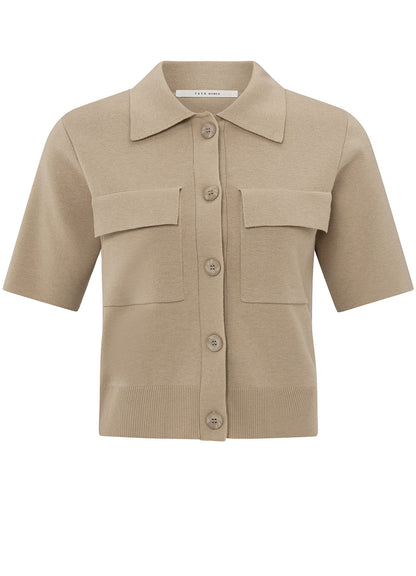 Short Sleeve Cardigan With Chest Pockets : Humus Beige 51304
