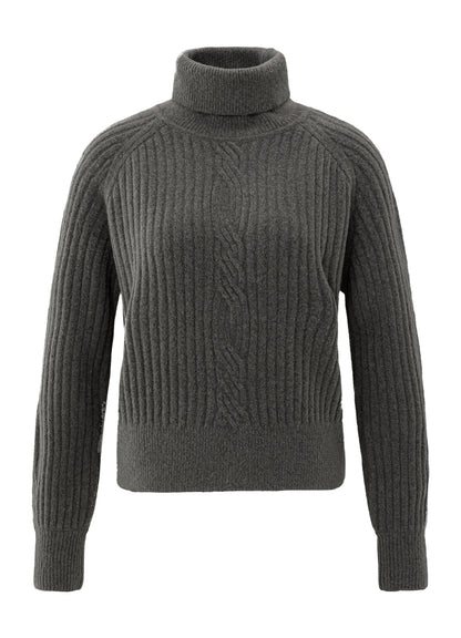 Turtle Neck Sweater With Cable : Dark Taupe Grey Melange 99033