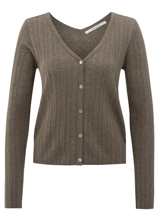 Fine Rib Knitted Cardigan : Greyish Brown Melange 999482
