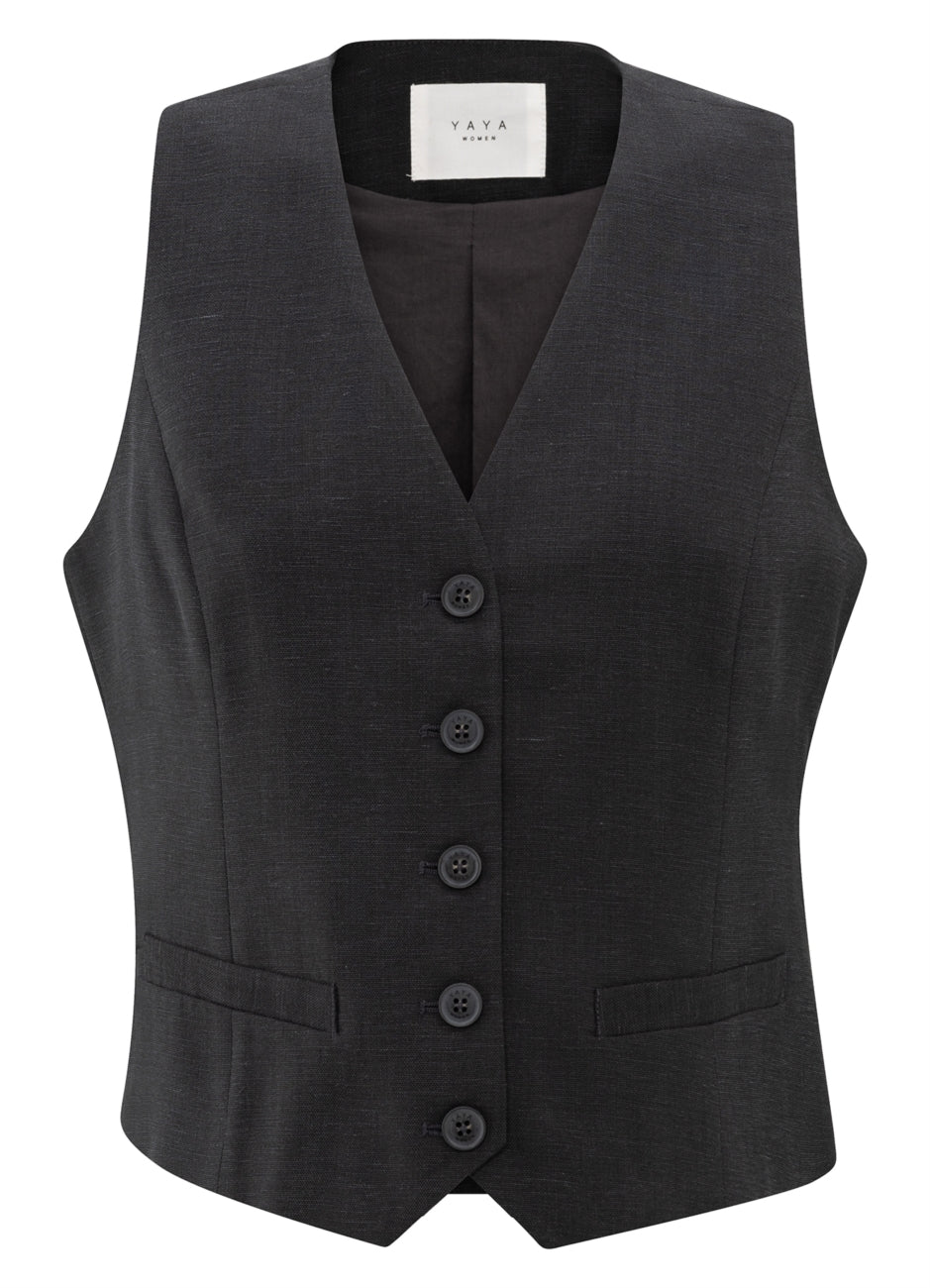 Linen Mix Woven Gilet : Washed Black 99989