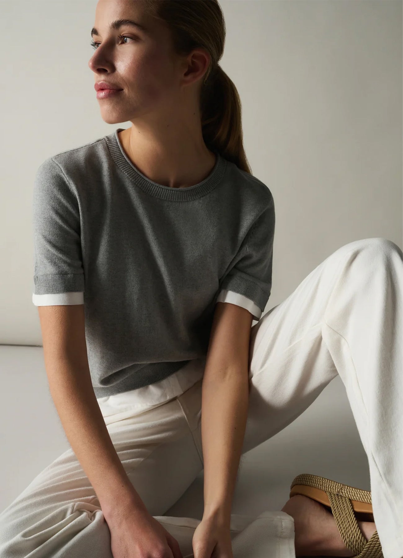 Short Sleeve Knitted Top With : Iron Grey Melange 990472