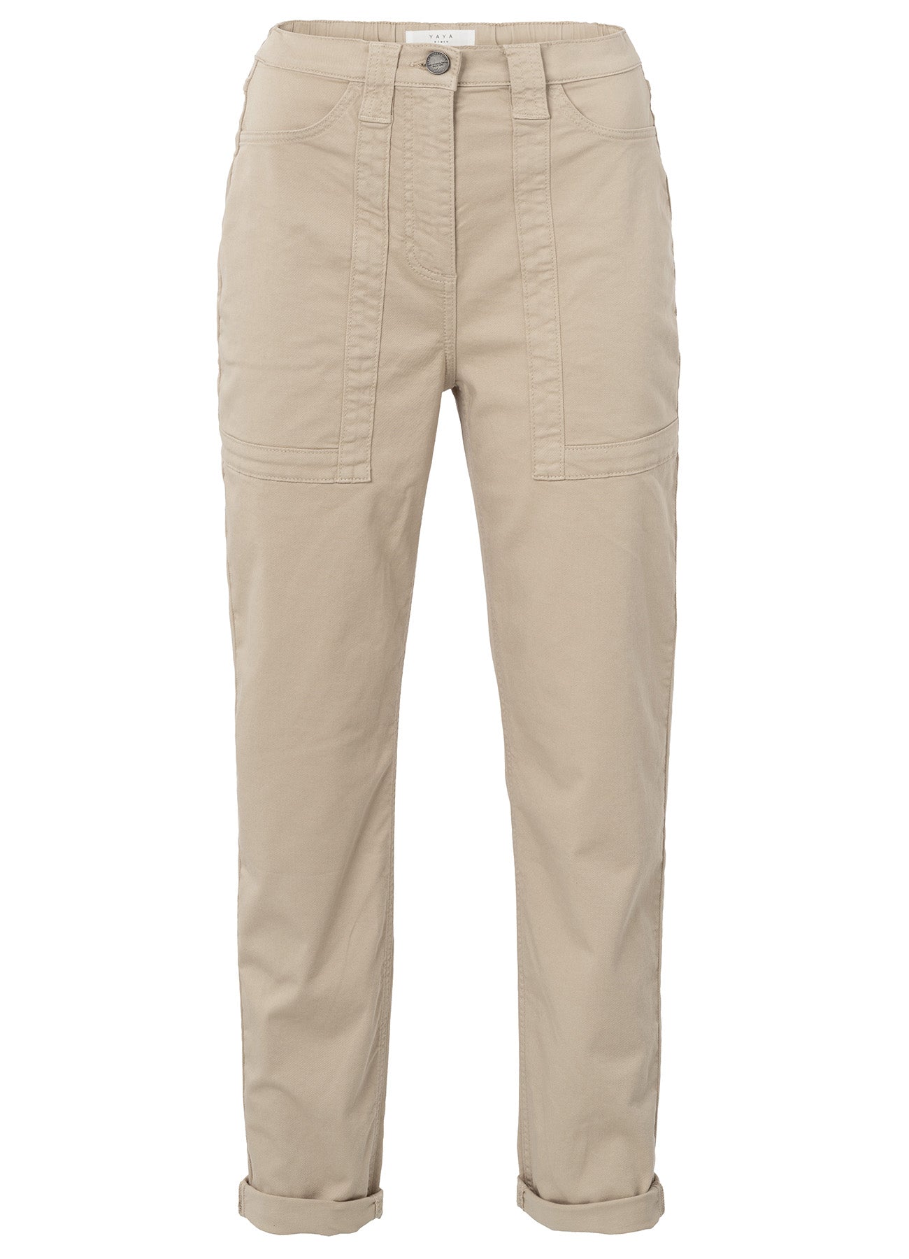 Woven Straight Leg Cargo Trousers With Elastic Waistband : Twill Beige 99998